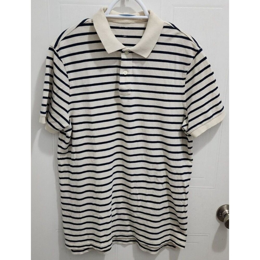 J Crew Pique Polo Off White & Blue Striped Short Sleeve Slim Polo Shirt Size L